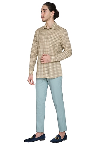 Sky Blue Slim Fit Cotton Trouser Pants by Shikha Malik Men